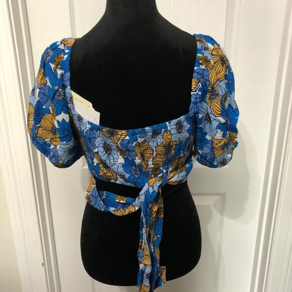 B•O•G Collective Floral Puff Sleeve Crop Top Medium Blue & Yellow NWT - Picture 8 of 8